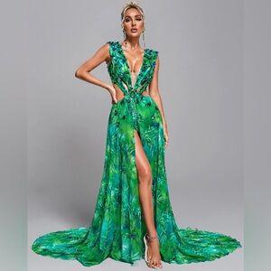 Elegant Green Evening Gown Embellished